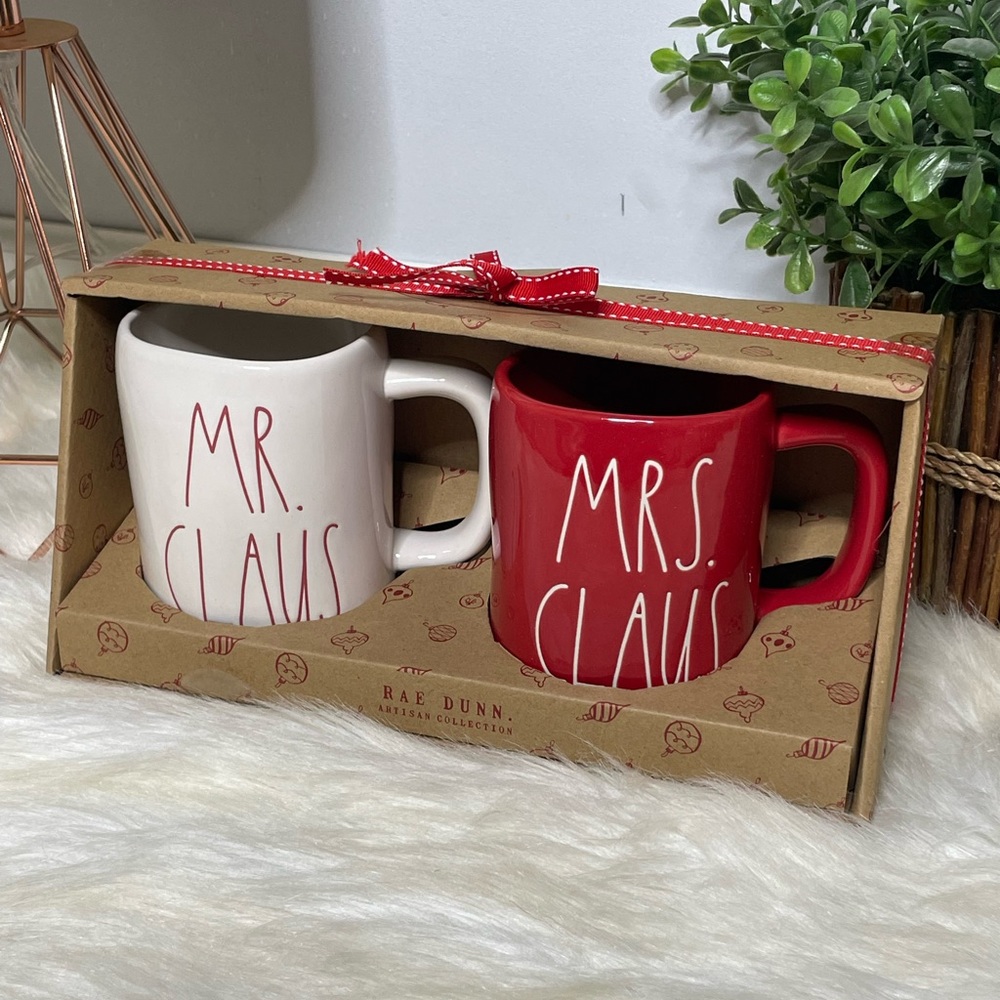 🆕 NIB Rae Dunn Mr & Mrs Claus Ceramic Christmas Mug Box Set Red & White